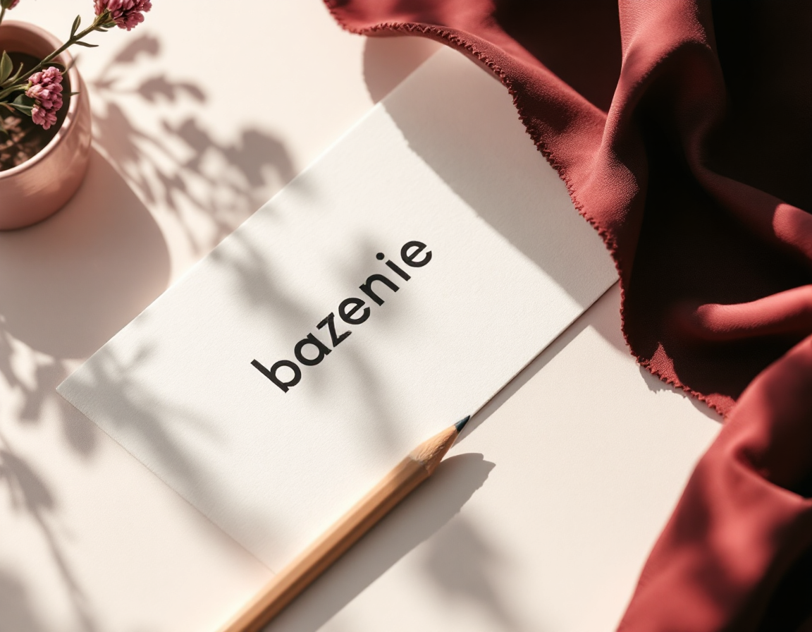 A logo proof printed on cream card beside a wordmark sketch and color swatch