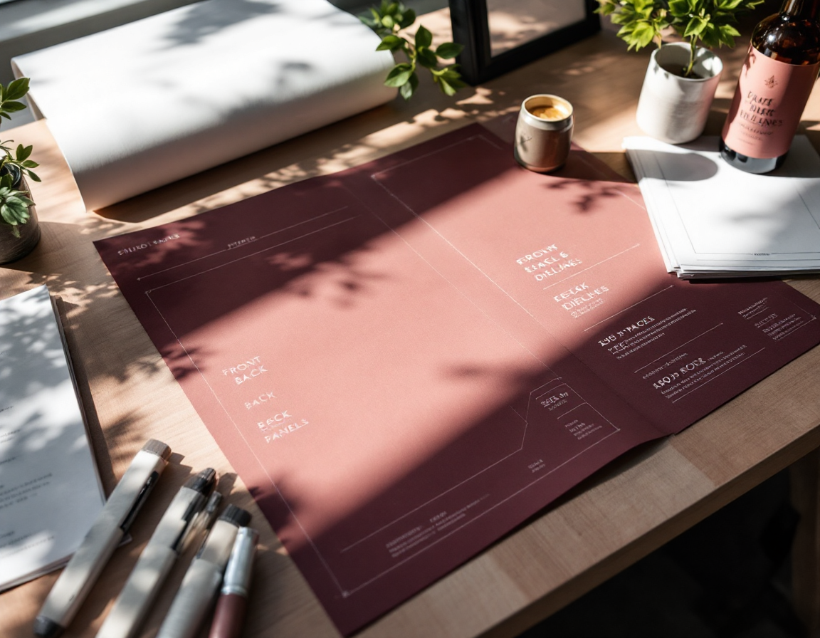Label dielines and clear-stock proofs laid out on a studio table