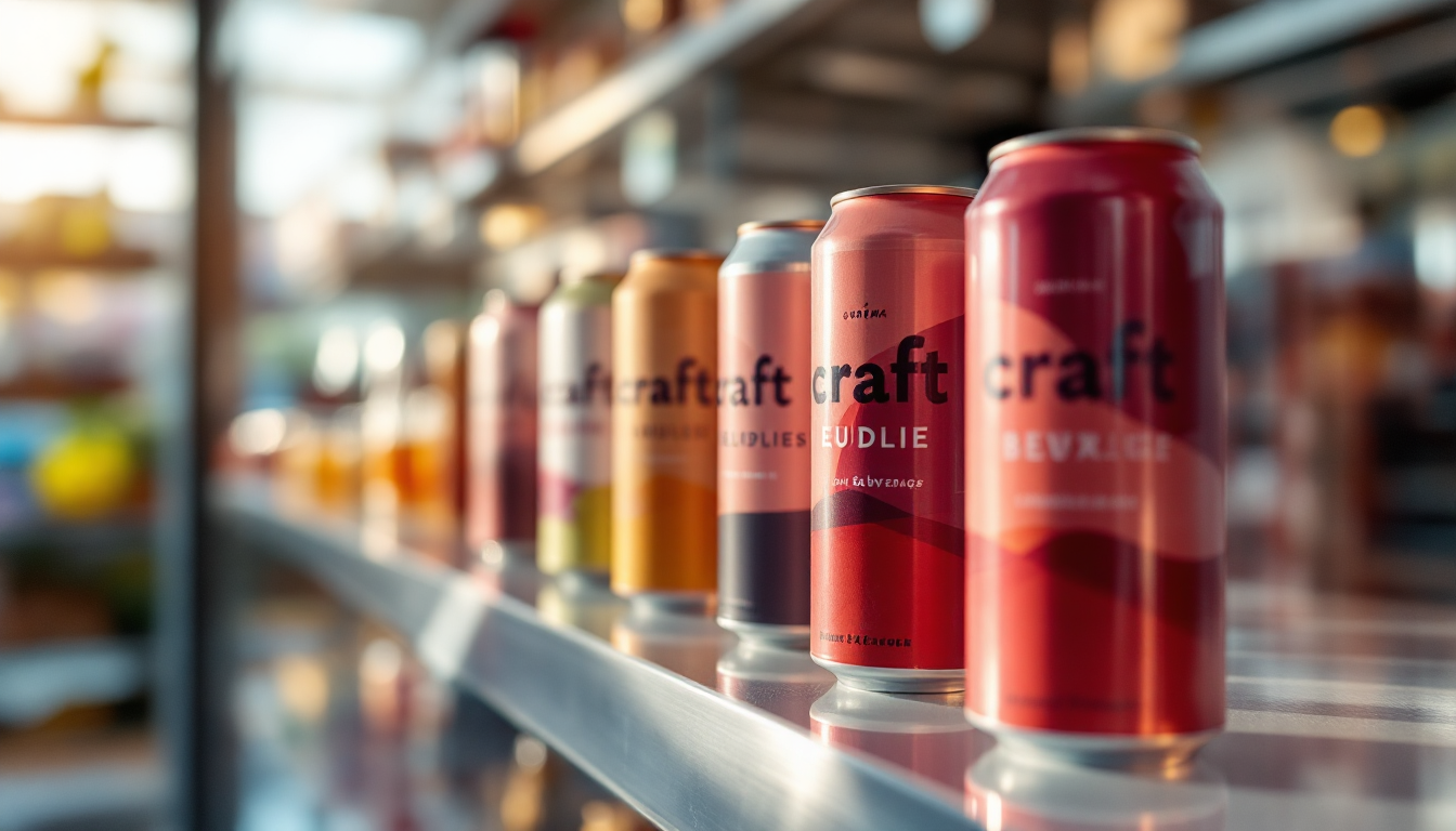 A cooler shelf of craft beverages with cohesive printed labels in bright light
