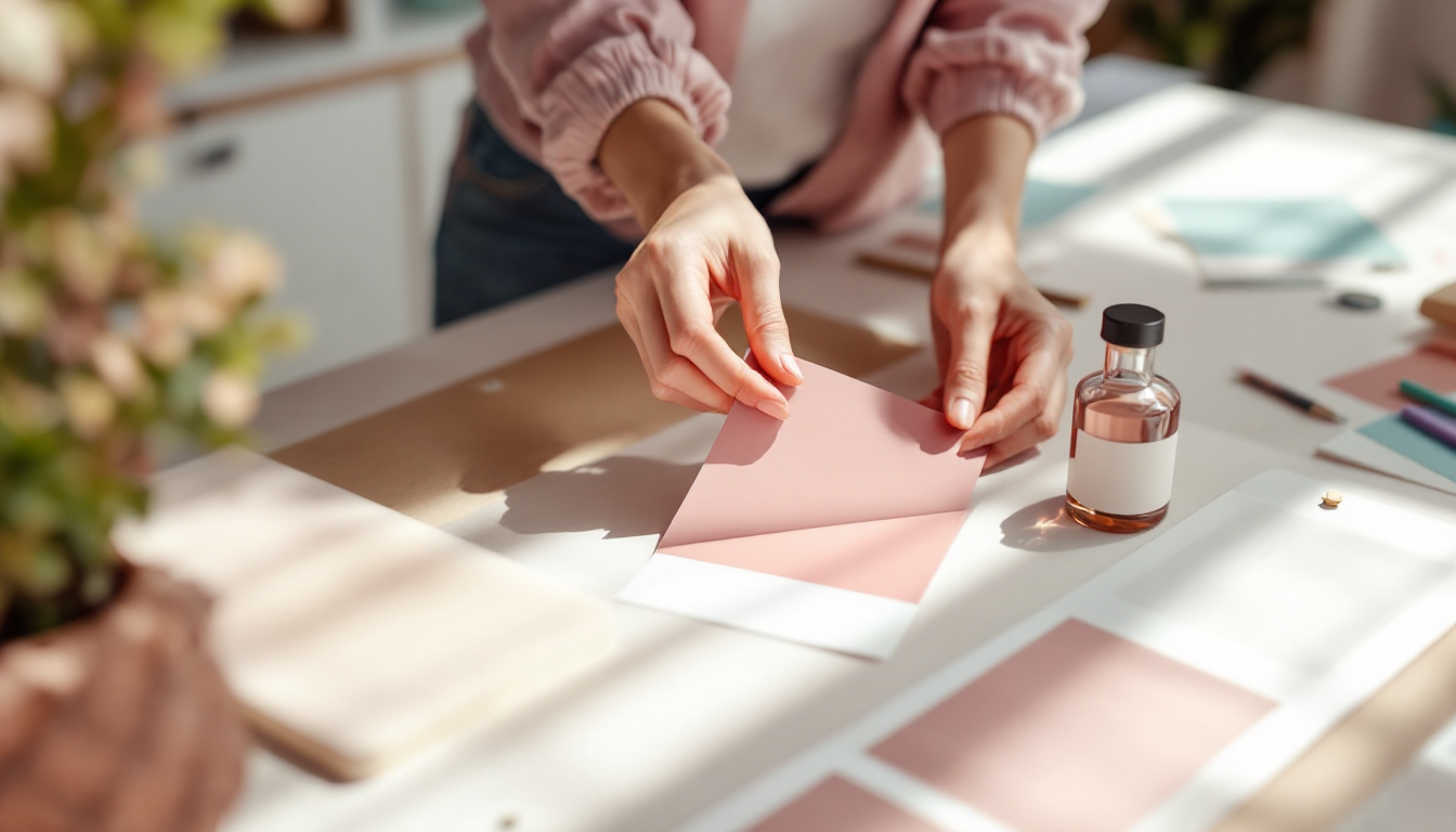 A bright studio desk with label proofs, swatches and a bottle mockup